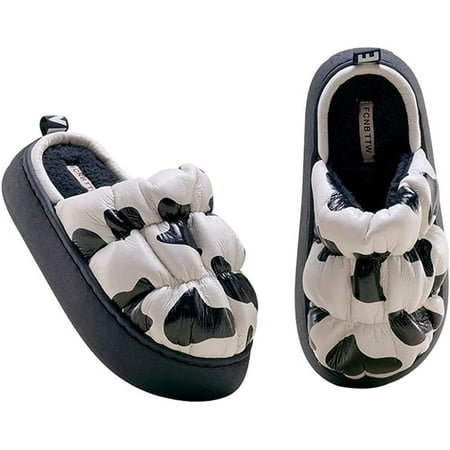 

CoCopeaunt Women Fashion Cow Zebra Line Printed House Shoes Chic PU Leather Faux Fur Fluffy Lining Soft Warm Slippers Home Indoor Outdoor