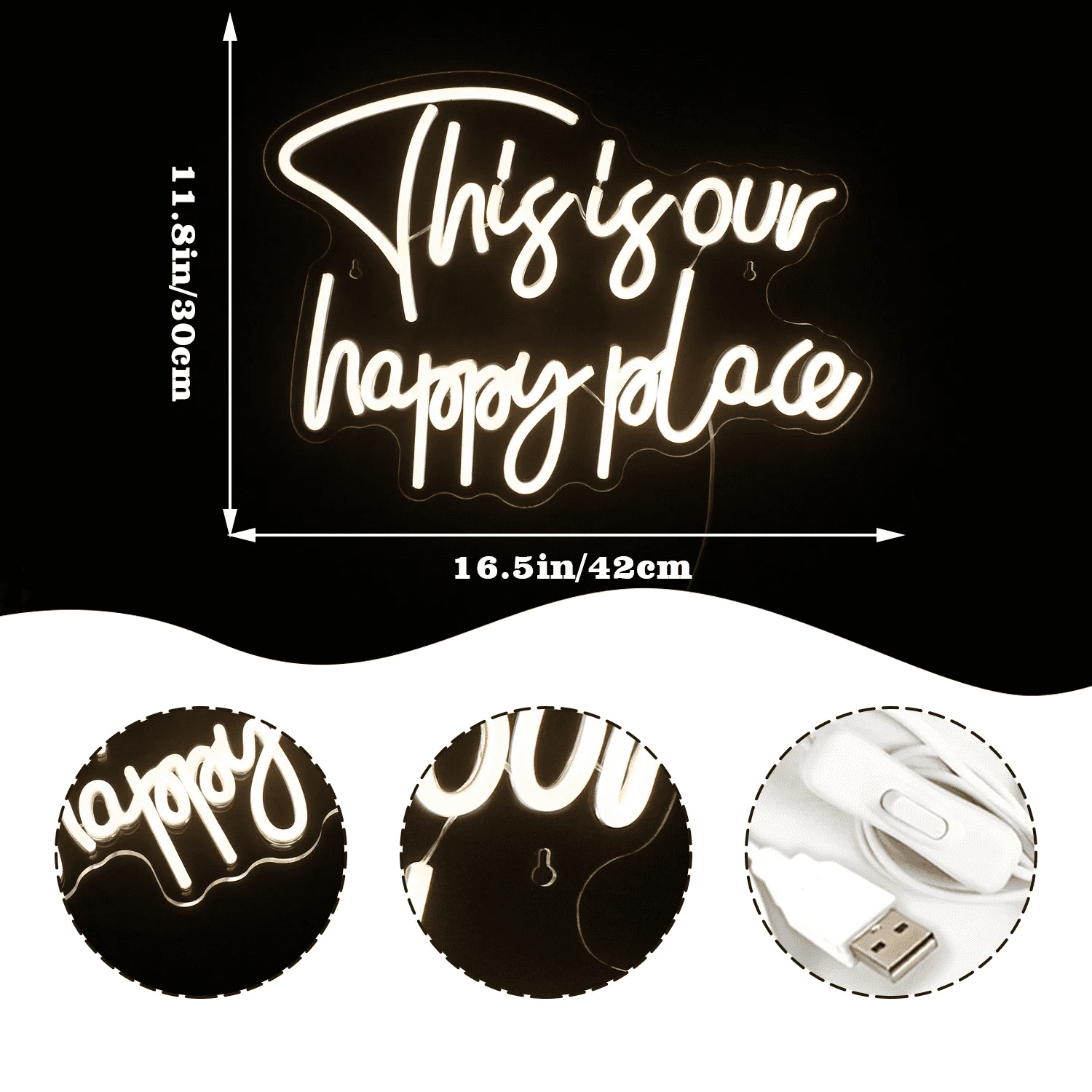 Our Happy Place LED Neon Sign for Wall Decor, USB Power Led Neon Lights for Bedroom, Birthday Wedding Party Decoration Neon Sign for Selfie Point - 13.7x10.6 Inch - Warm White