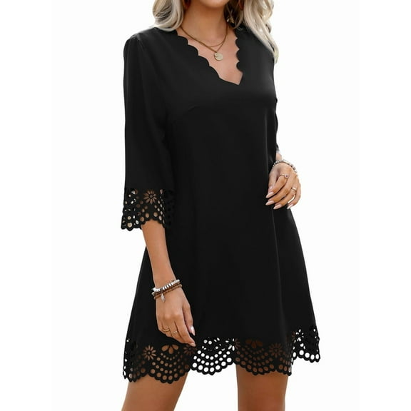 Women'S Casual T Shirt Dress Summer 3/4 Length Sleeve Hollow Swing Dresses Black L