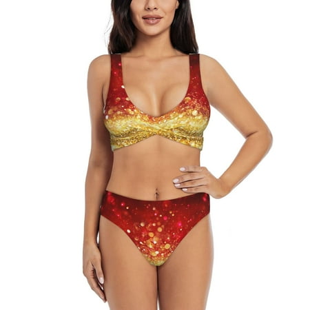 Zeuib Red Gold Glitter High Waisted Tummy Control Bikini Set - Knot Front Push Up Top & Cheeky Thong Bottom  Two-Piece Swimsuit for Women-Small