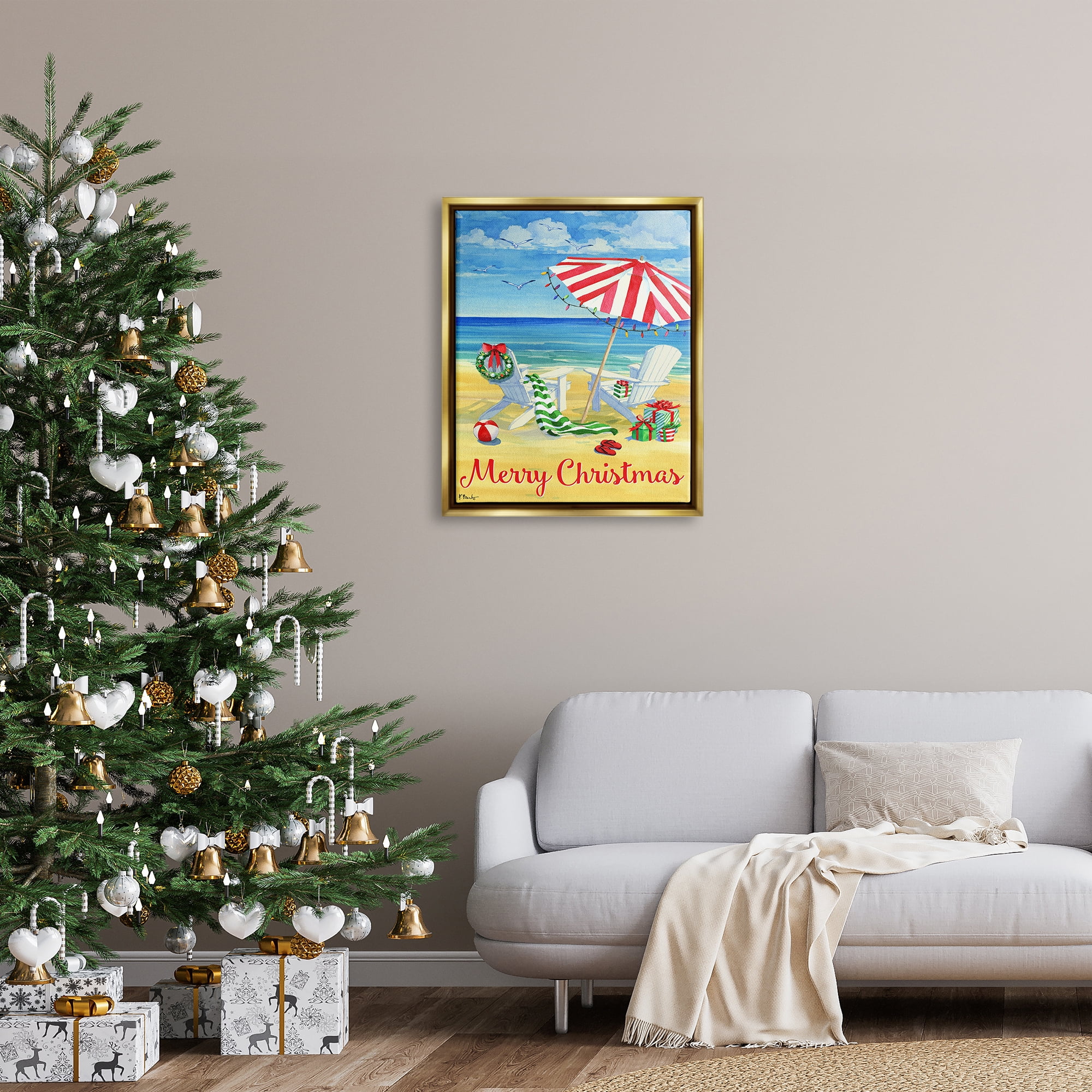 Stupell Industries Coastal Merry Christmas Holiday Painting Gold Floater Framed Art Print Wall Art, 25 x 31