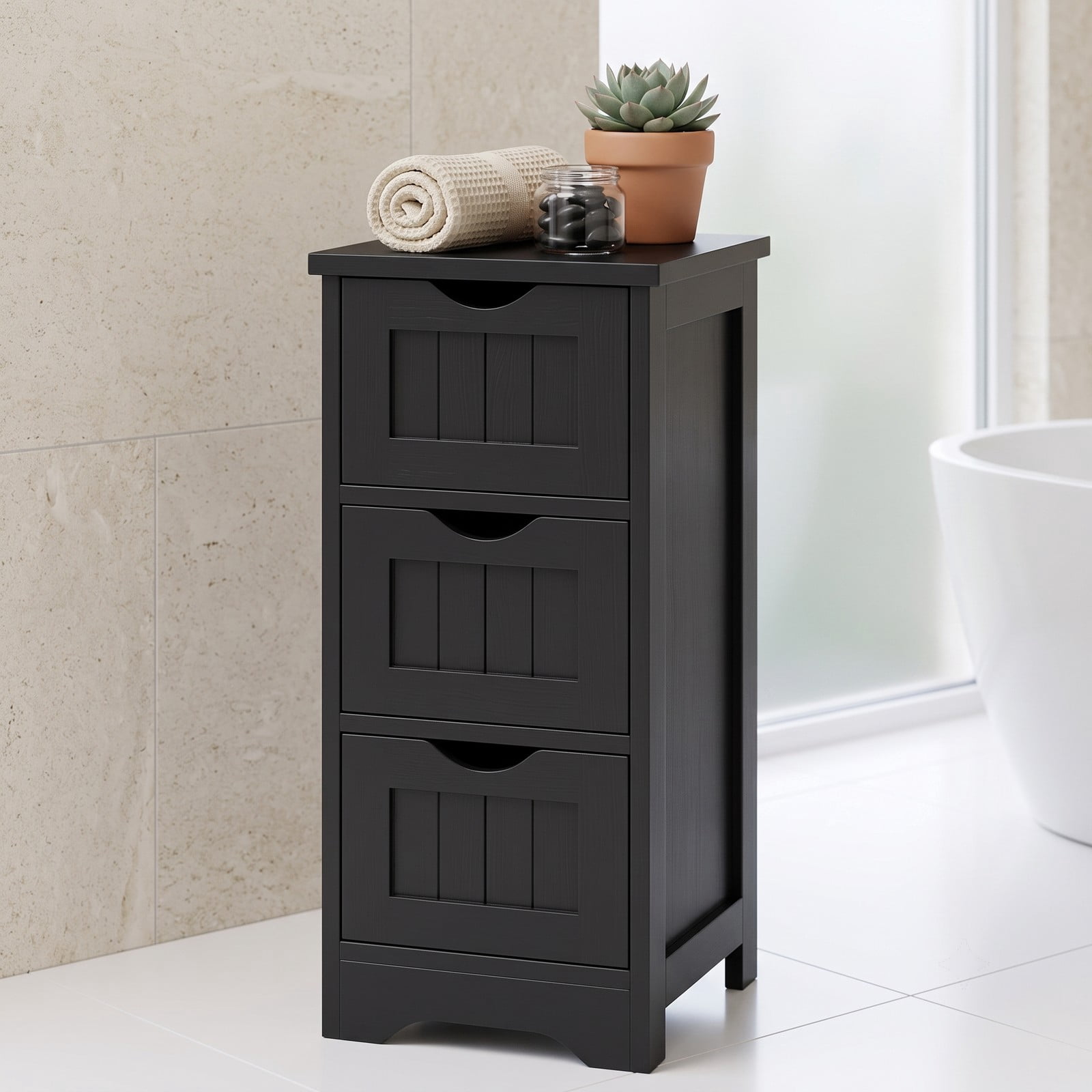 Fenbeli Bathroom Floor Storage Cabinet with 3 Drawers, Freestanding Slim MDF Organizer Tower for Small Bathroom Bedroom, Space-Saving Nightstand Side End Table, Black