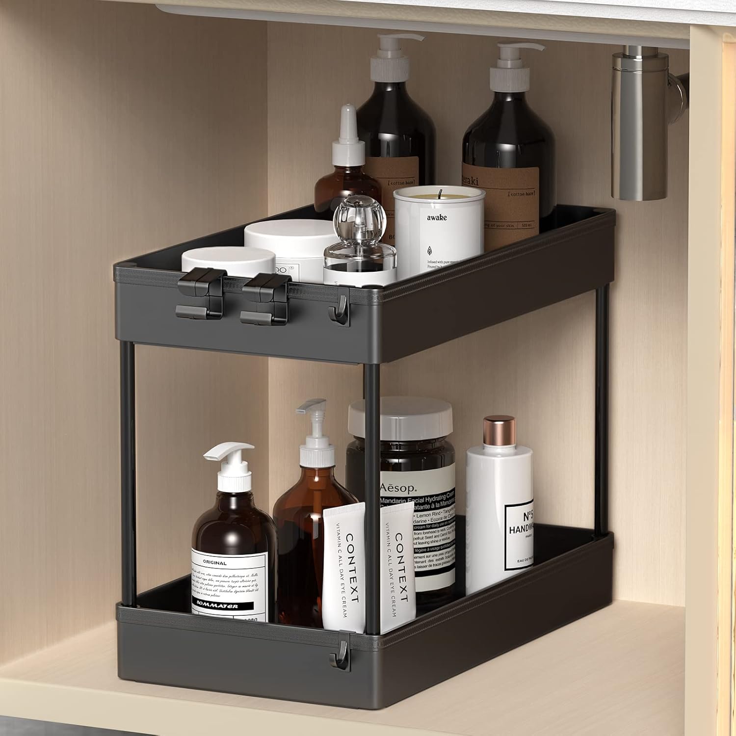 LLMRR 2 Pack Under Sink Organizer, Bathroom Cabinet Organizer, Under Sink Organizers and Storage, Kitchen Cabinet Organizer with Hooks for Kitchen, Bathroom, Black, 2 Pack
