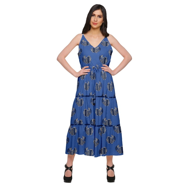 Moomaya Robe Longue Maxi pour Femmes en Coton Imprimé à Bretelles Spaghetti et Col en V