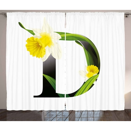 Letter D Curtains 2 Panels Set Black Silhouette Entangled With Letter D Curtains 2 Panels Set Black Silhouette Entangled With Growing Daffodils Artistic
