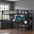 thumbnail image 3 of Tcbosik Full Size Loft Bed with Charging Station and LED Light, L-Shaped Desk, Storage Wardrobe and Adjustable Shelf, Metal Bed Frame with Stair and Guardrail, Space Saving, Black, 3 of 9