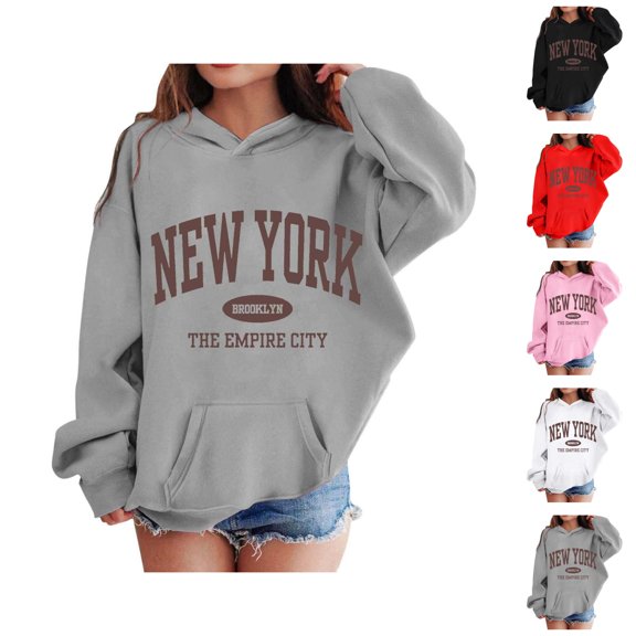 Girls Casual Hoodies 2026 New York Brooklyn Long Sleeve Graphic Hooded Sweatshirt with Pockets Kids Pullover Tops