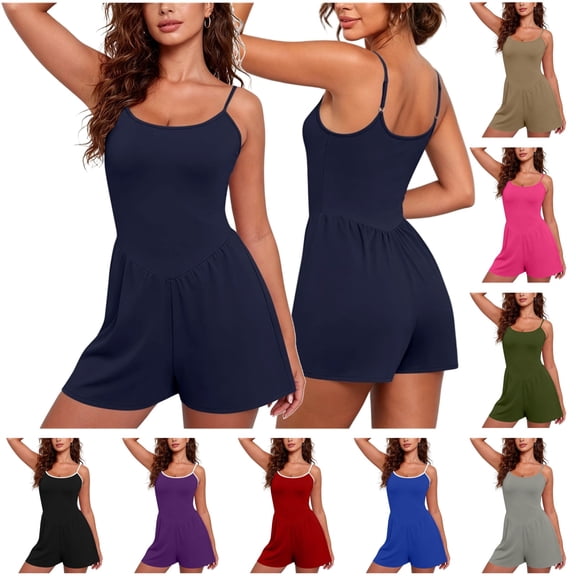 lcziwo Workout Rompers for Woman Dressy Casual Spaghetti Strap Athletic Short Jumpsuits Solid Color Onesies Black XXL