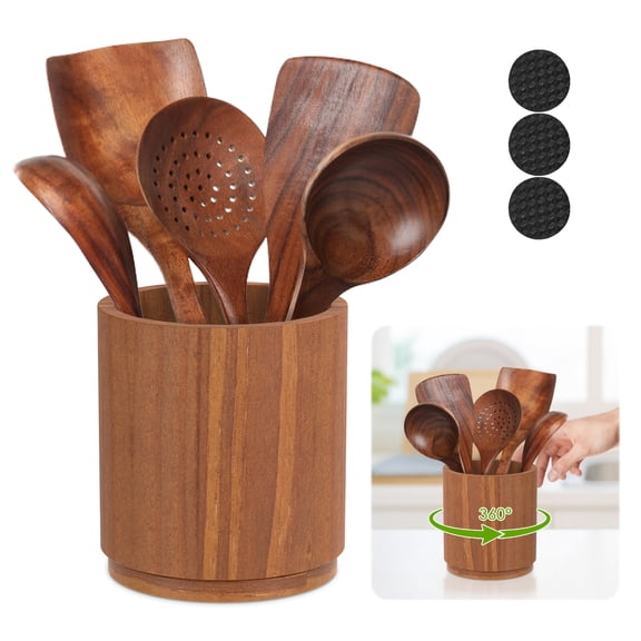 Tzdxfgl Wooden Utensil Holder, 360° Rotating Kitchen Utensil Organizer, 6.5x5.9 inch Large Kitchen Utensil Holder, Cooking Utensil Crock for Kitchen Countertop with Rotatable Wooden Base