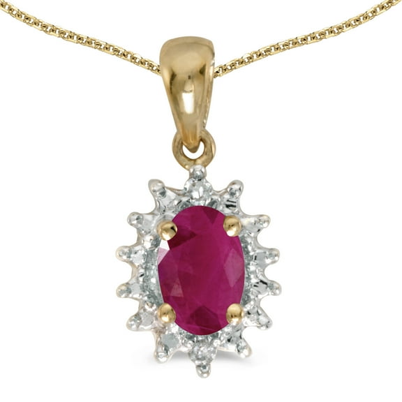 14k Yellow Gold Oval Ruby And Diamond Pendant with 18" Chain