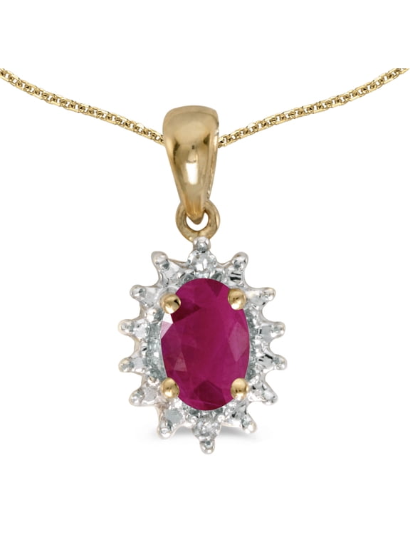 10k Yellow Gold Oval Ruby And Diamond Pendant with 16" Chain