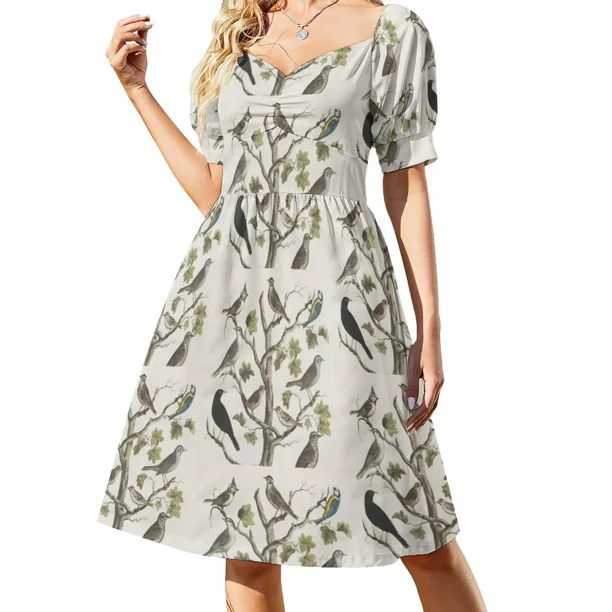 Vestido sin mangas de manga larga para mujer traje de baile con diseño de pájaros naturalismo Vintage ropa de noche