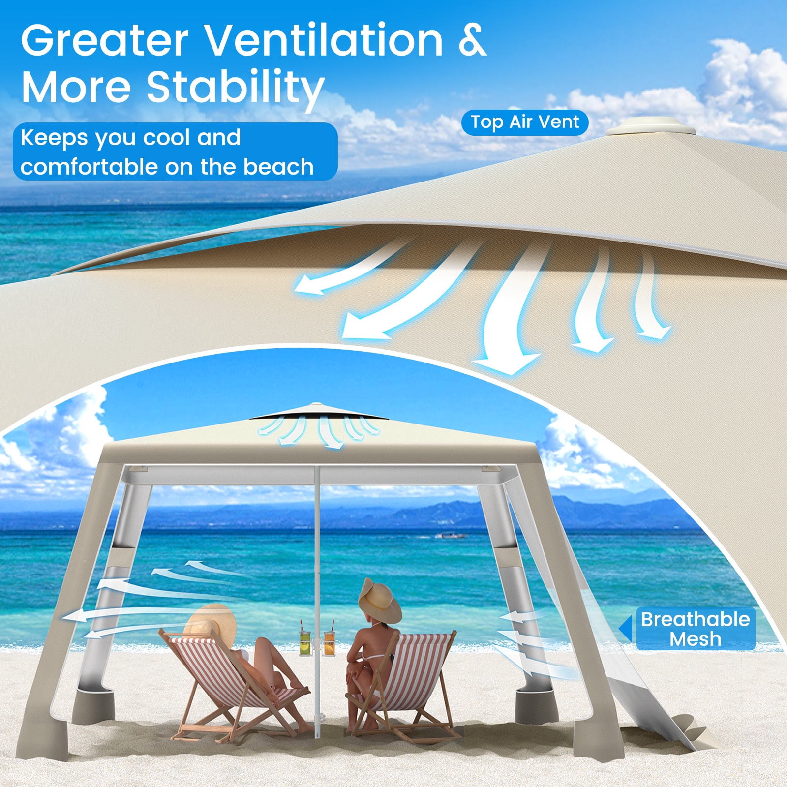 MoKo 8'x 8' Beach Cabana Tent, UPF 50+ Portable Beach Canopy Shelter with 4 Sand Pockets, Khaki
