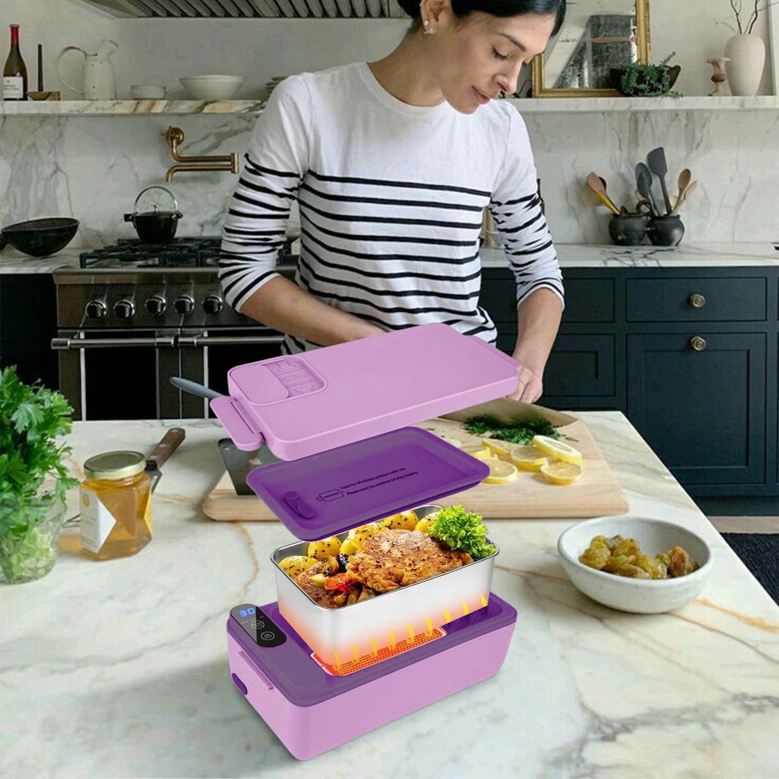 Rechargeable Heated Lunch Box, 1000Ml/33.8Oz Inner Container, Usb Charging, 12000 Mah Battery, Heat Preservation, Stainless Steel, for Car/Truck, Office, Travel (Purple)