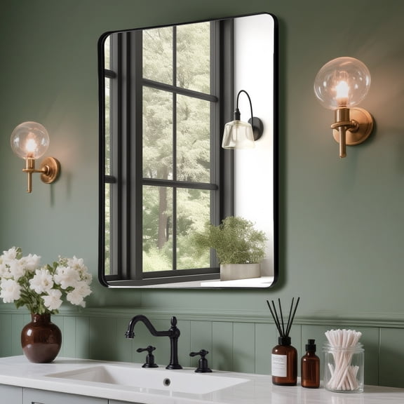SUMERAIN Black Bathroom Mirrors for Vanity, Rounded Rectangle Matte Black Metal Frame Mirror, Anti-Rust, Hangs Horizontally or Vertically