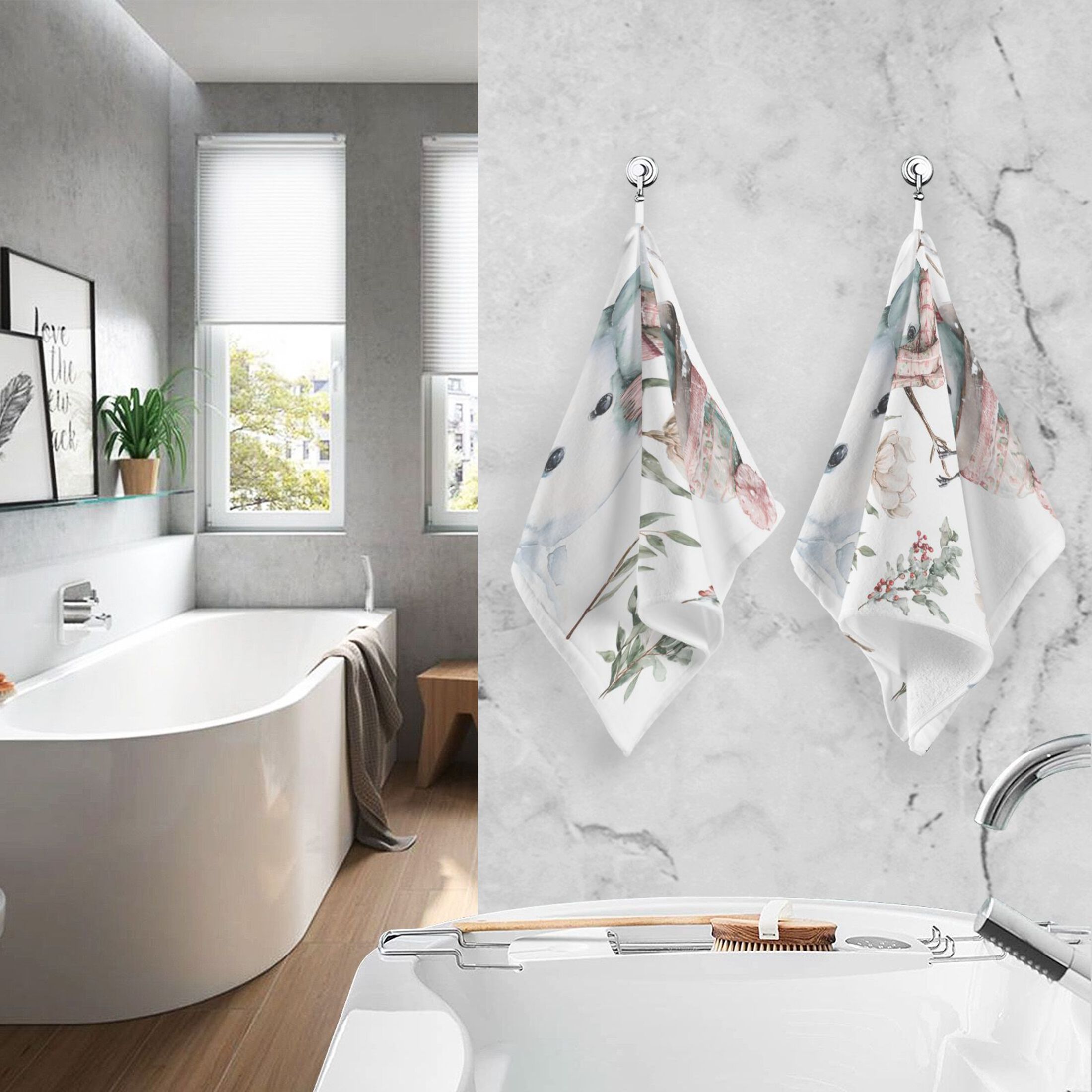 2 Pieces of Cotton Towel Face Towel Set Hand Towel Bath Towel Cotton Bath Towel Sets Christmas Winter Flowers