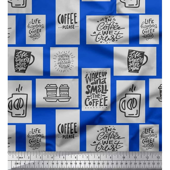 Soimoi Blue Poly Georgette Fabric Coffee Please Text Decor Fabric Printed Yard 42 Inch Wide
