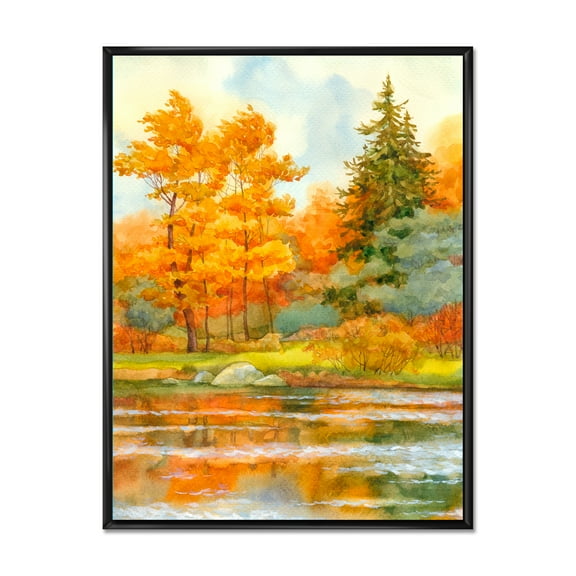 Autumn Forest By The Lake Side IV 12 in x 20 in Framed Painting Canvas Art Print, by Designart