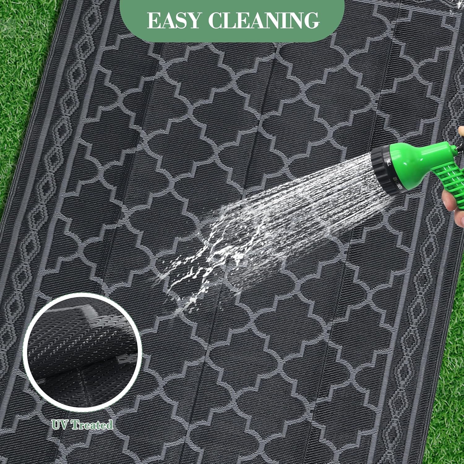 Memoryfield Waterproof Outdoor Rug 10x14ft for Patios, Plastic Straw Rug Outside Carpet Mats for Picnic, Backyard, Deck, Balcony, Porch, Beach, Black & Gray