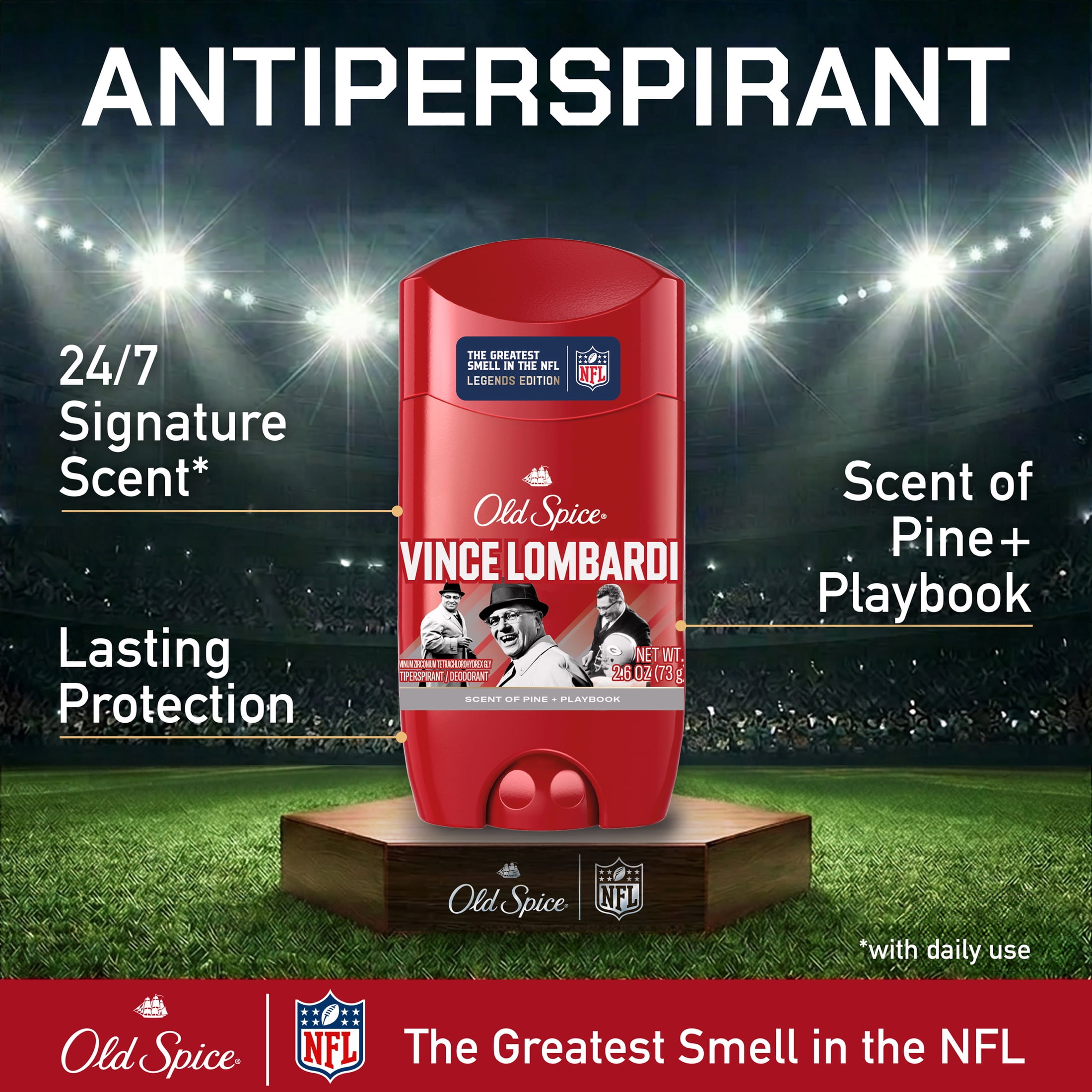 Old Spice Deodorant for Men, Antiperspirant, NFL Collection, Vince Lombardi, Scent of Pine + Playbook, 2.6 oz