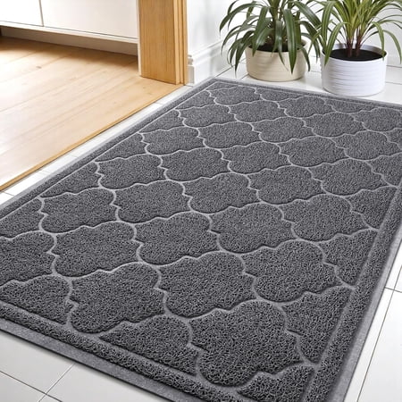 Door Mat Large 24x36 Inch Indoor Outdoor Doormat, Non-Slip Low-Profile Design Floor Mat, Durable Trap Dirt and Dust Front Door Welcome Mat for Entryway,Patio,Garage, Grey