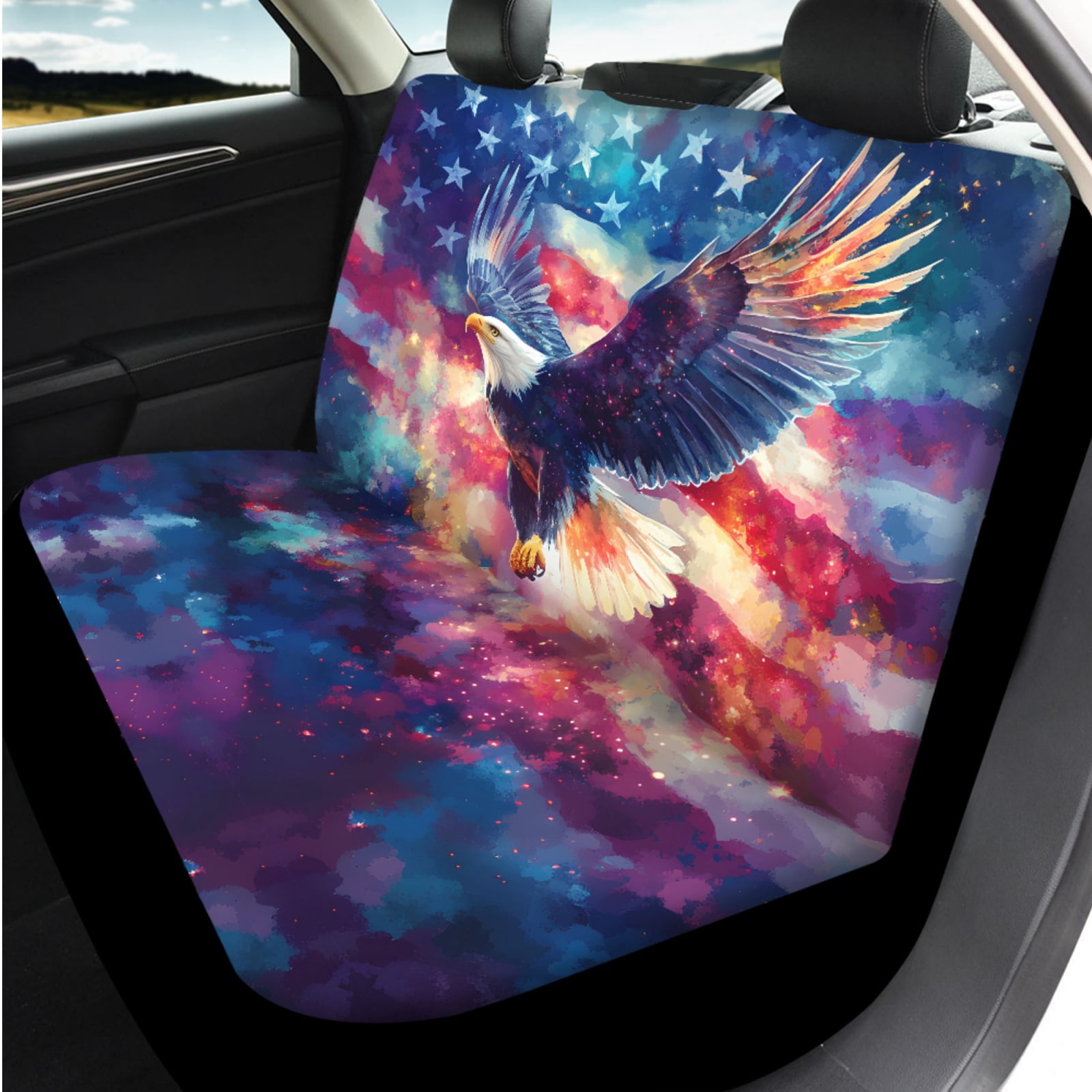 Binienty American Flag Bald Eagle Auto Seat Covers with Matching Automotive Armrest Cover Center Console Cushion Car Seat Belt Shoulder Strap Covers Keychain Vehicle Interior Decor Set​