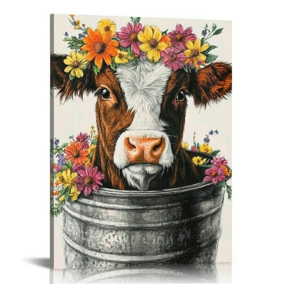 FCXZI Cow Flower Crown Canvas Print Wall Art Home Decor 12x16 12x16in
