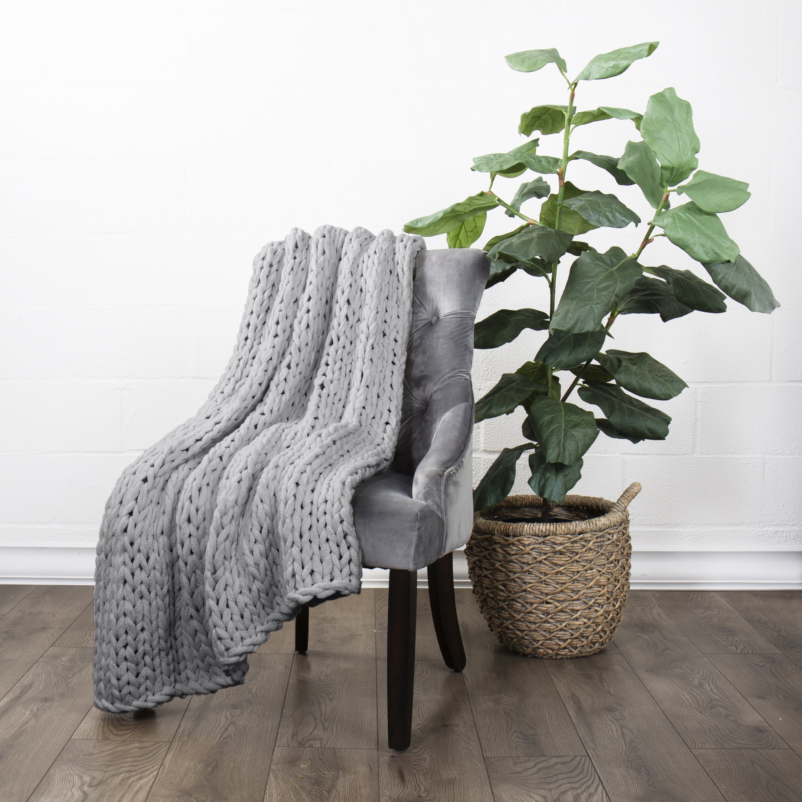 Gray Chunky Knit Throw Blanket, One Size, by Noble Linens
