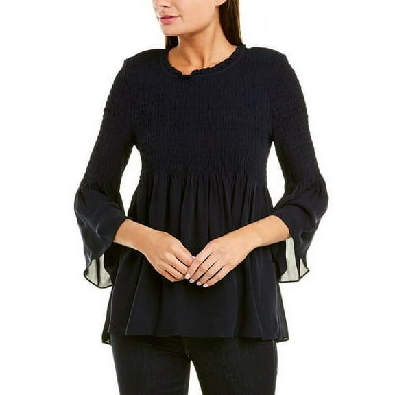 Nicole Miller Artelier NAVY Solid Silk Blend Smocked Bell Sleeve Top, US Medium