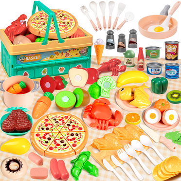 Pretend Play Food for Kids Kitchen - 94Pcs Cutting Toy Set with Foldable Camping Storage Box, Includes Cooking Utensil Toys, Pizza Playset, Play Kitchen Accessories, Gift for Boys Girls