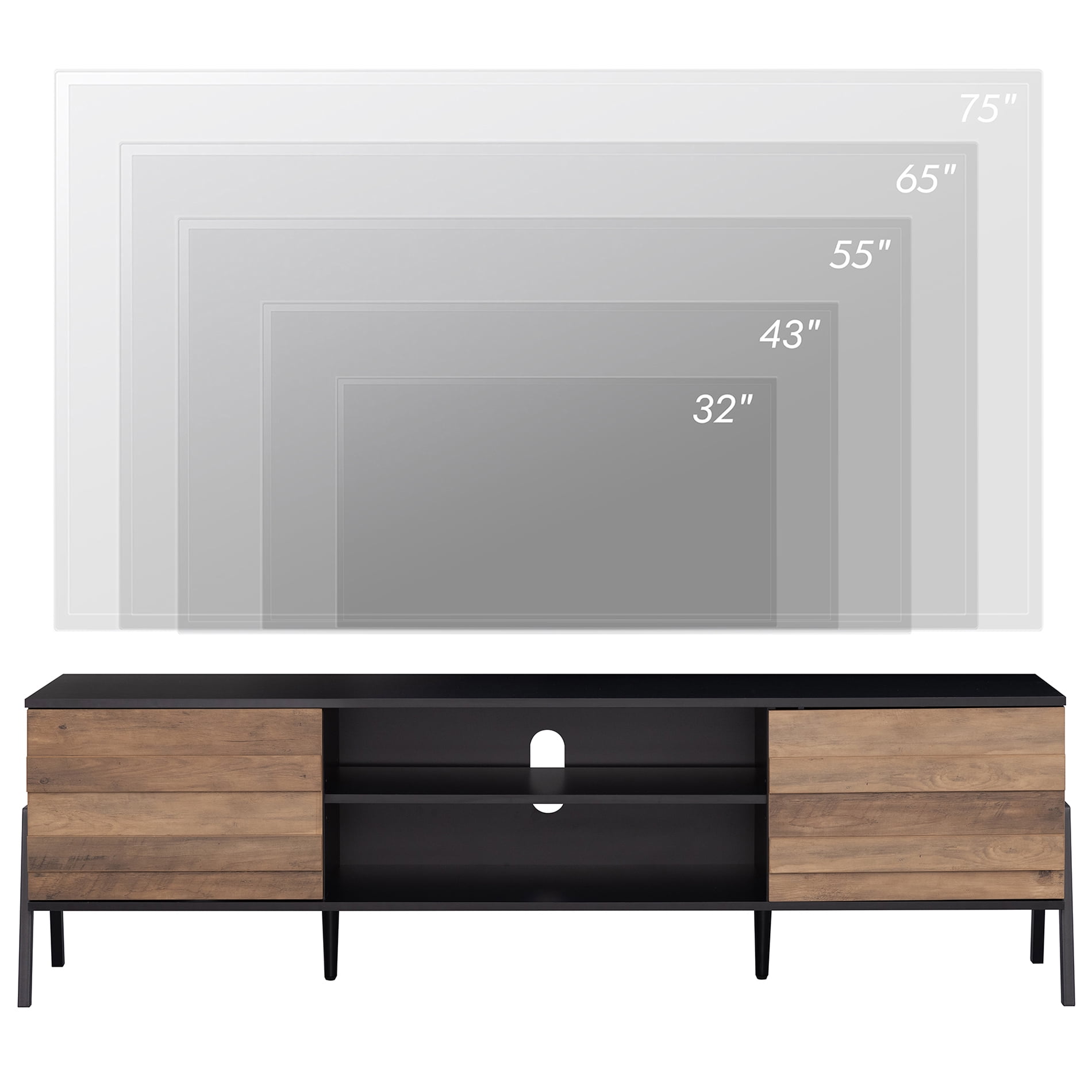 Mid Century Modern TV Stand for 75 inch TV, Wood TV Console Media Table with 6 Storages for Living Room Bedroom, Black/Brown