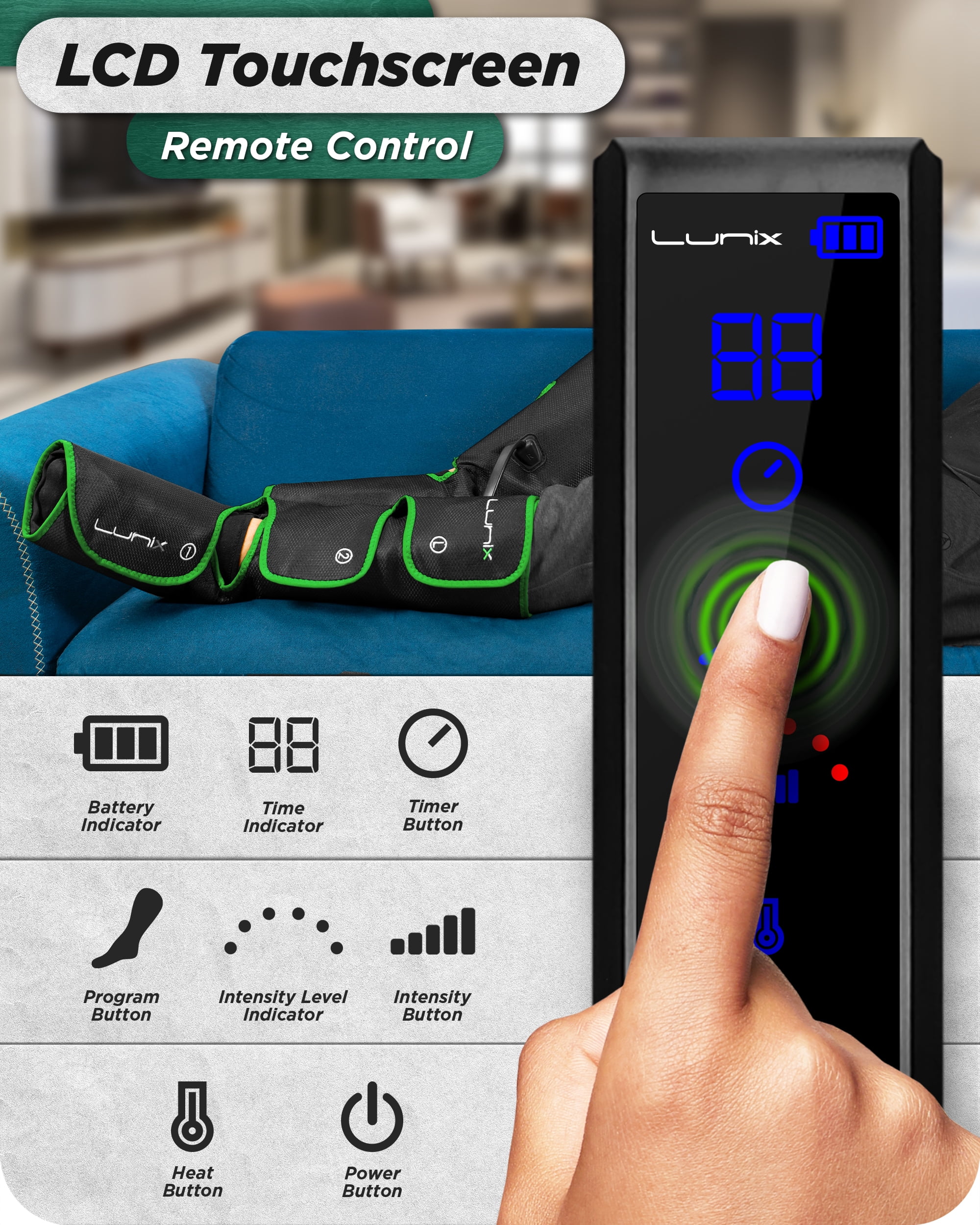Lunix LX1 Foot and Calf Compression Massager, Cordless Rechargeable Leg Massager with Heat, Forest Green