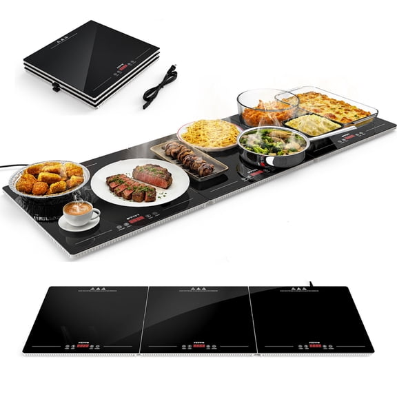 FEPPO Electric Food Warming Tray, Extra-Long 47"x15" 3-in-1 Expandable Modular Food Warmer with Independent Temp & Timer Control, Food Warming Mat for Parties & Buffet (Black)