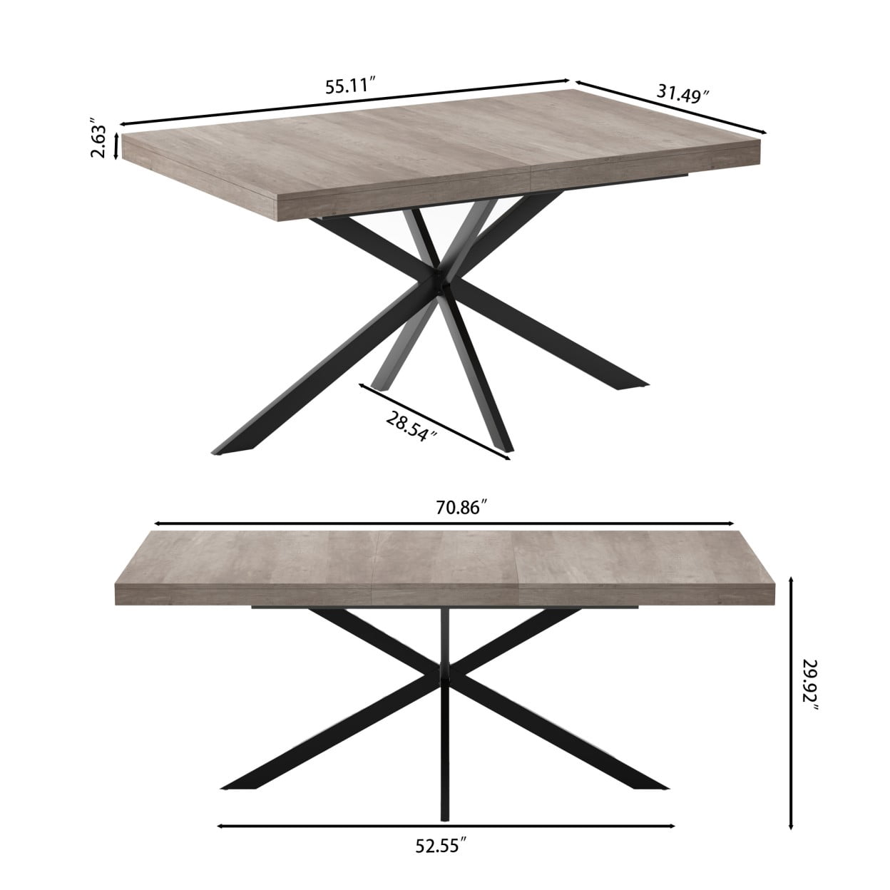 55.11"-70.86" Extendable Dining Table for 4-6, Retro Rectangular Kitchen Table with Storage Box, Antique Wood Top, Farmhouse Dining Table for Dining Room & Living Room, Gray
