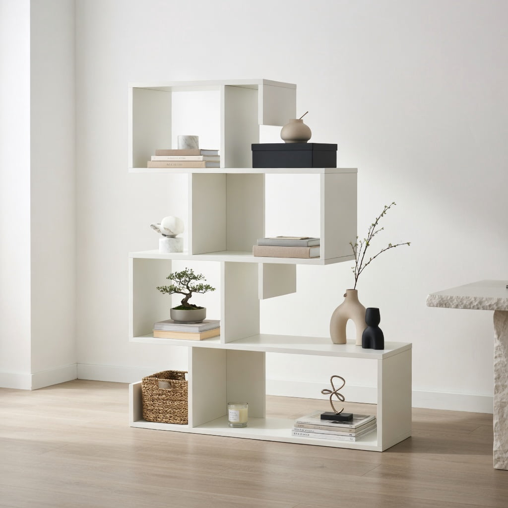 Demi Bonn 5-Tier S-Shaped Bookshelf Geometric Z-Shelf Bookcase with Open Cubes, White