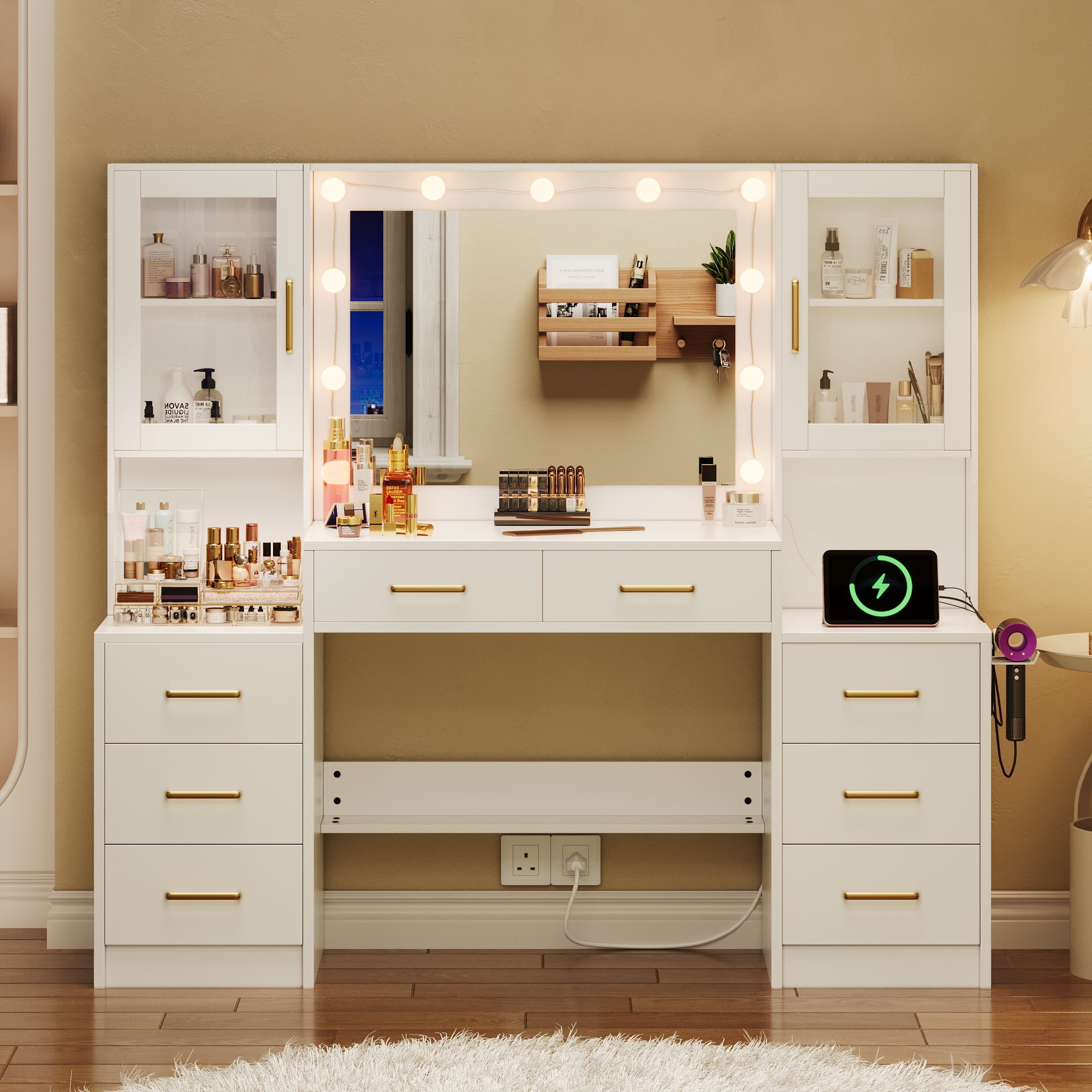 UGTOO White Modern Vanity Set – 8-Drawer Dresser with LED Mirror & Charging Station (58.27"L x 15.75"W)