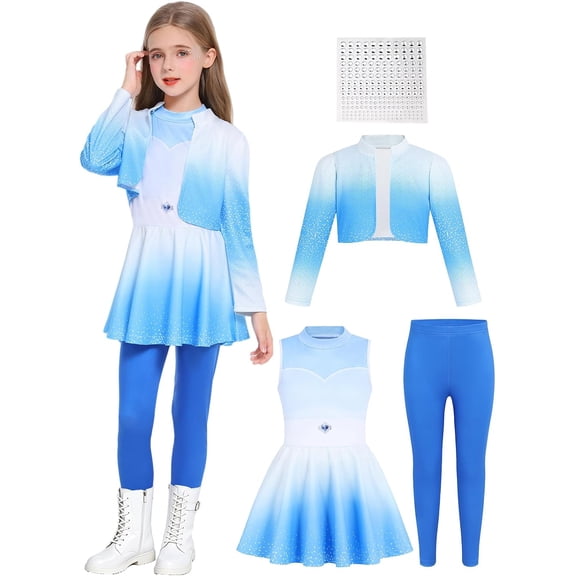 G*irls Blue Princess Costume - 4 Pcs Ice Queen Outfit Blue Ombre Jacket Dress Leggings Face Gems Movie Character Birthday Halloween Cosplay Party Dress Up Outfits