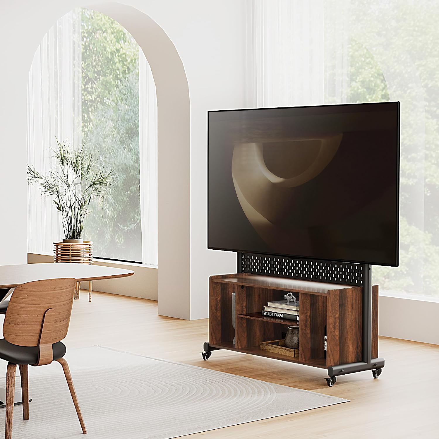 FITUEYES Rolling Entertainment Center for 50–85 Inch TVs, Black, Storage & Pegboard