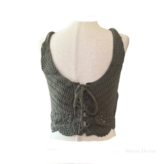 V-Neck Back Lace-up Knit Crop Top in Olive Green