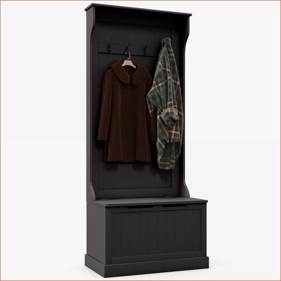 Coat Racks 3-In-1 Entryway Hall Tree with Storage Bench, 4 Hooks & Shoe Storage | Black | MDF