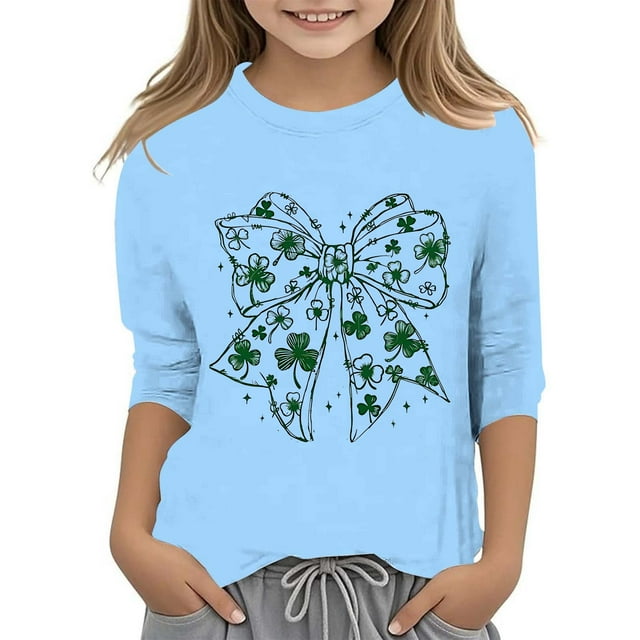 LUOGENLI T-Shirt pour Filles T-Shirt Graphique pour Filles Jour de la Saint-Patrick à la Mode Polyvalent Col Rond Manches 3/4 T-Shirt Décontracté Haut Long en Coton Bleu Clair 9-10 Ans