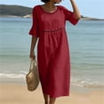 thumbnail image 4 of Guieoi Womens Dresses Plus Size Round-Neck Solid-Color Cotton-Linen Short-Sleeve Lace-Trimmed Ruffled-Sleeve Dress Red L, 4 of 6