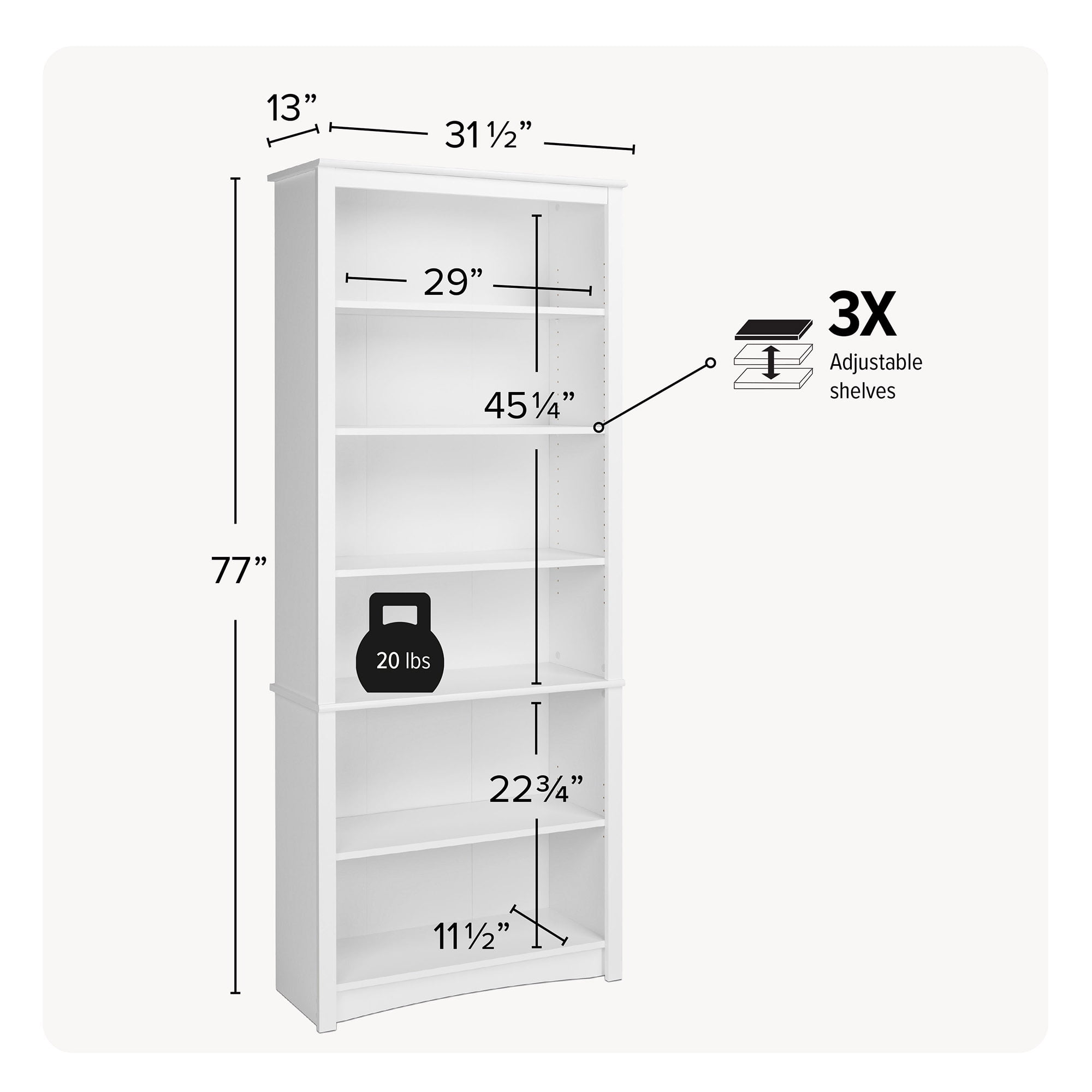 Prepac Home Office 6-Shelf Standard Bookcase, White