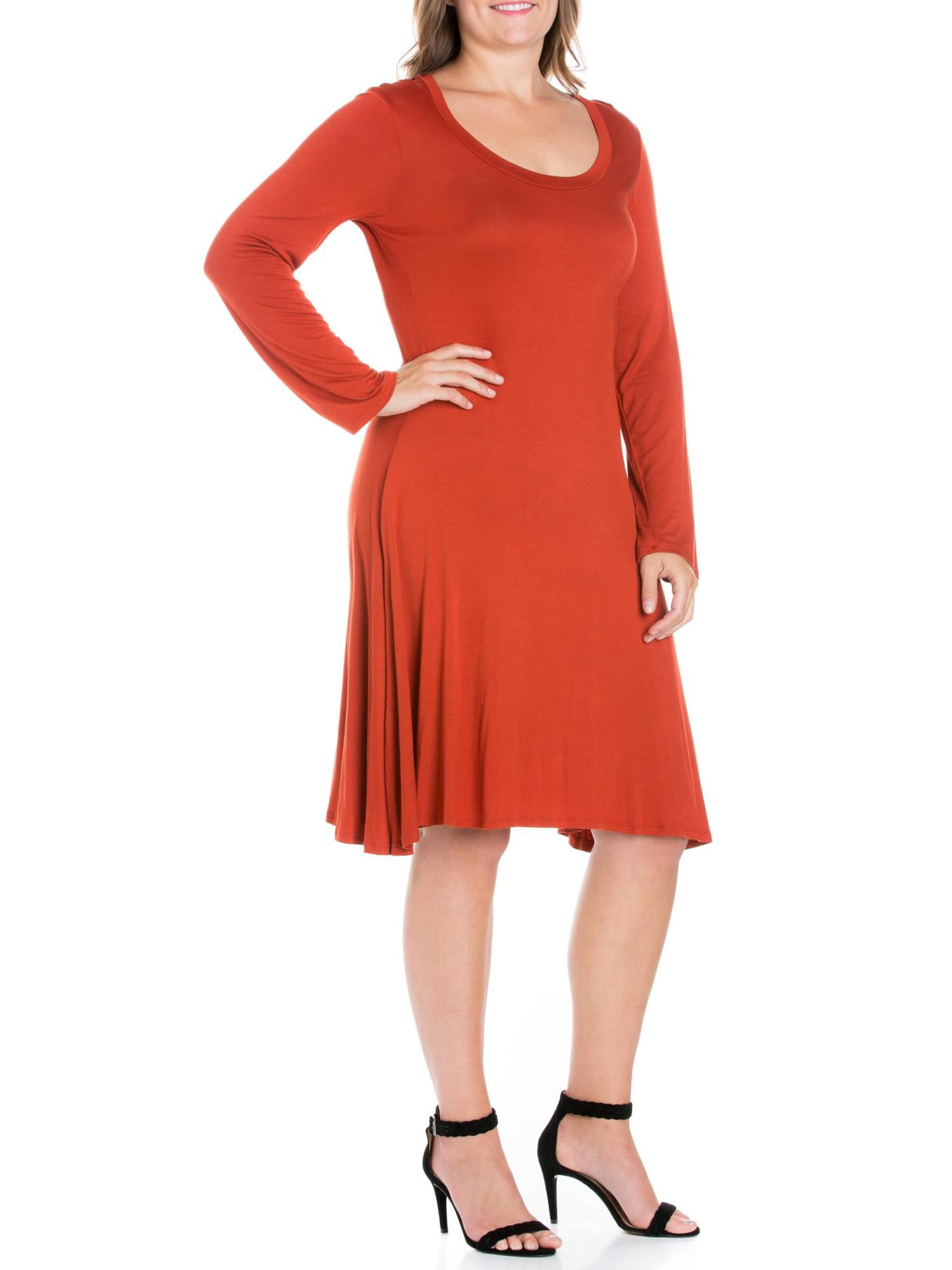 24seven Comfort Apparel Plus Size Classic Long Sleeve Flared Mini Dress