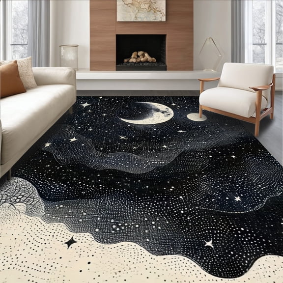 ODIKA 4'x6' Machine Washable Non-Slip Area Rug, Cosmic Moon With Celestial Stars And Lunar Symbols High Traffic Rug, Black, 37459