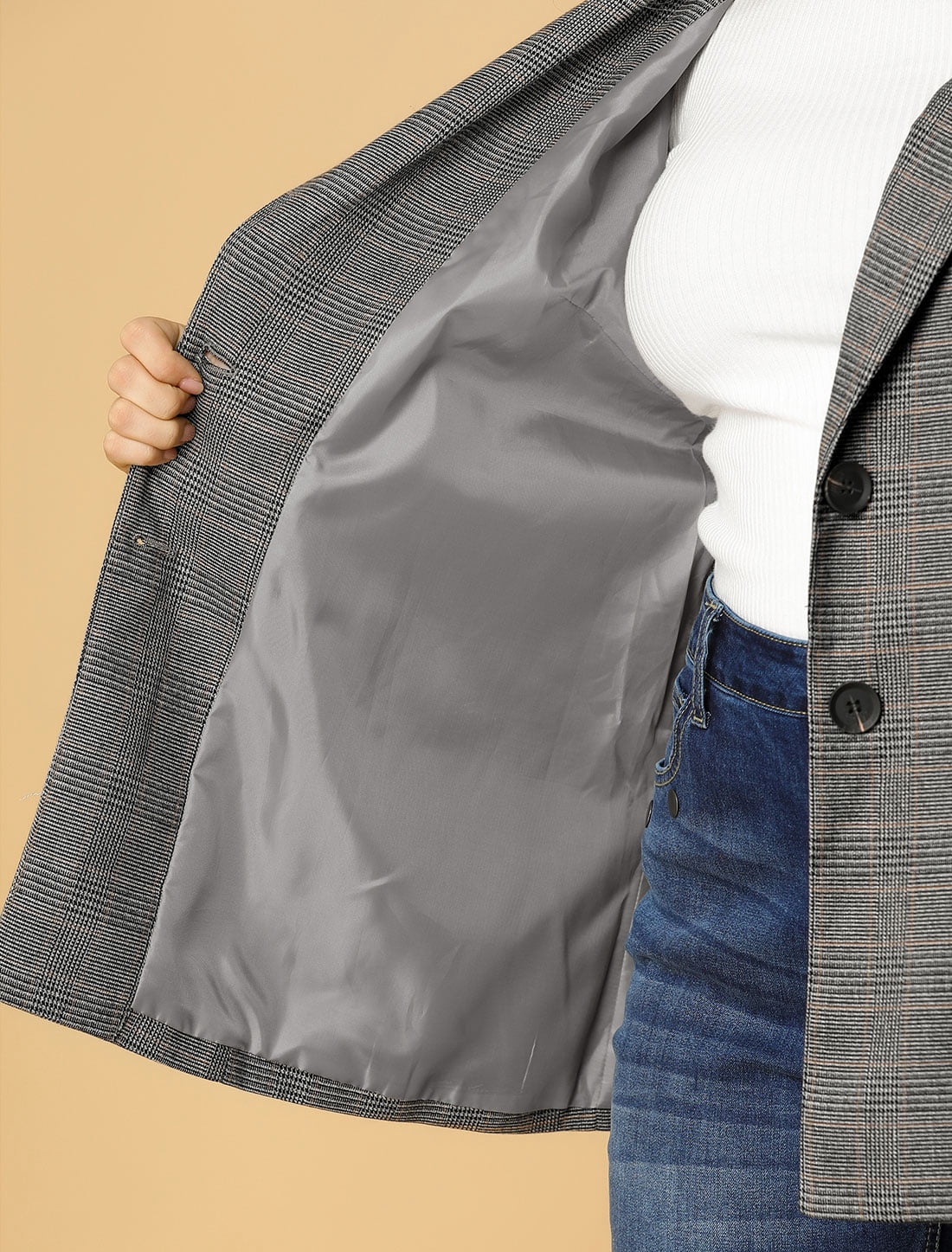 Unique Bargains Juniors' Plus Size Plaid Notched Lapel Collar Blazers