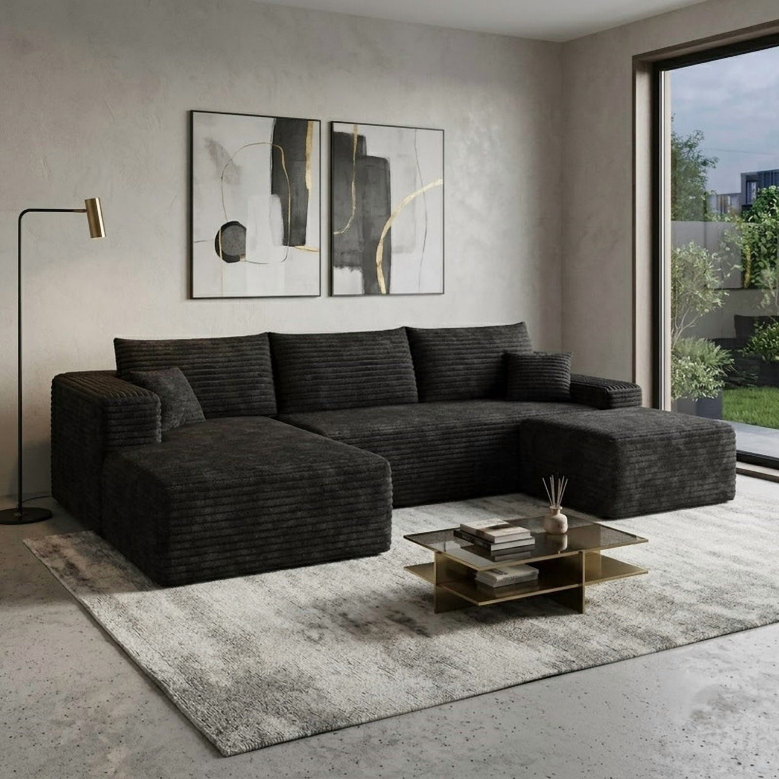 103" Cloud Sectional Sofa with Ottoman, Modern U-Shaped Modular Couch with Reversible Chaise Lounge, Plush Corduroy Upholstered Deep Seat Sofa for Living Room, Apartment, No Assembly Required