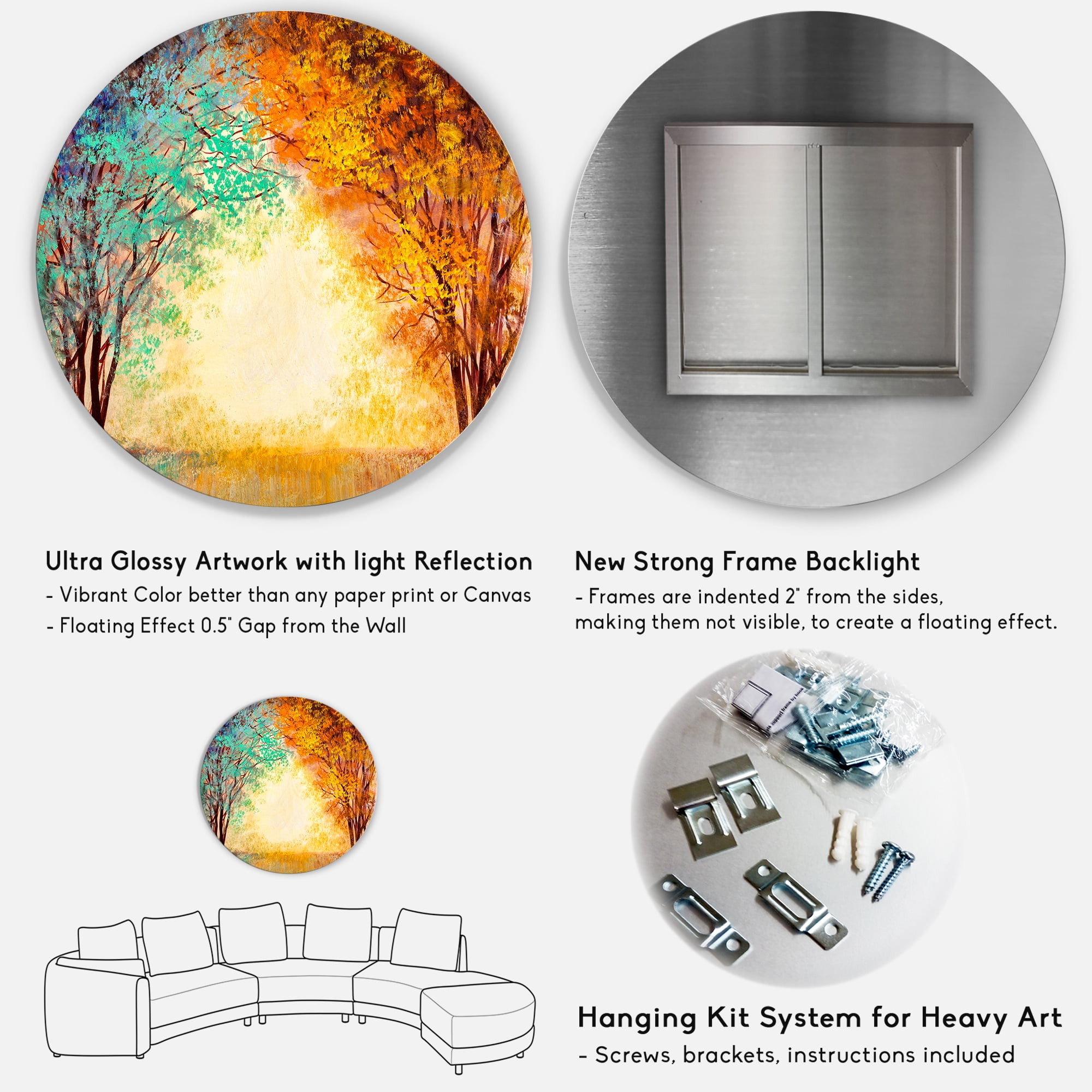 Designart 'Alley Through The Turquise Park In Autumn Sunset ' Traditional Circle Metal Wall Art 36x36 - Disc of 36