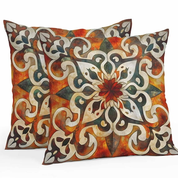 Waterproof Throw Pillow Covers Set of 2, 24x24 Inch Burnt Orange Green Decorative Pillowcases Outdoor Pillow Slip Cushion Covers Set for Couch Tent Vintage Abstract Flowers