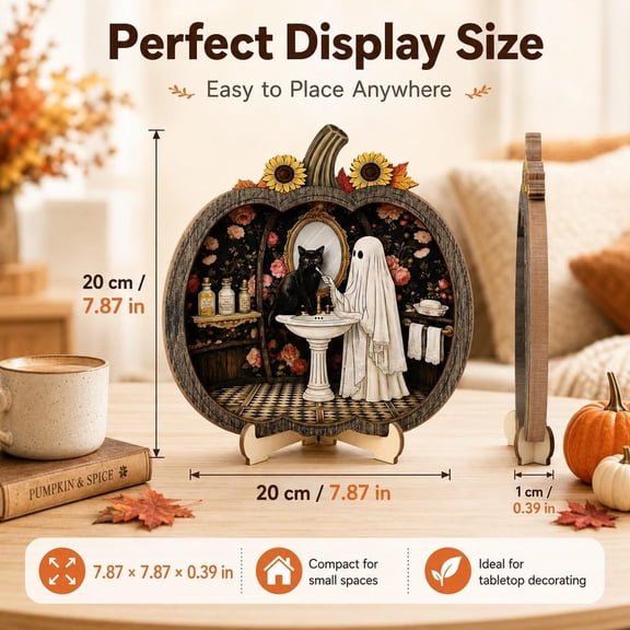 Vintage Halloween Decor 2026, 3D Wooden Pumpkin Ornament, Ghost Halloween Tabletop Decoration, Rustic Mantel Decor with Pumpkin Sign